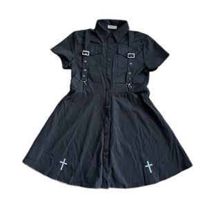 PEXIZUAN Black Goth Emo Skater Cross Nun Shirt Dress Women's Size Large